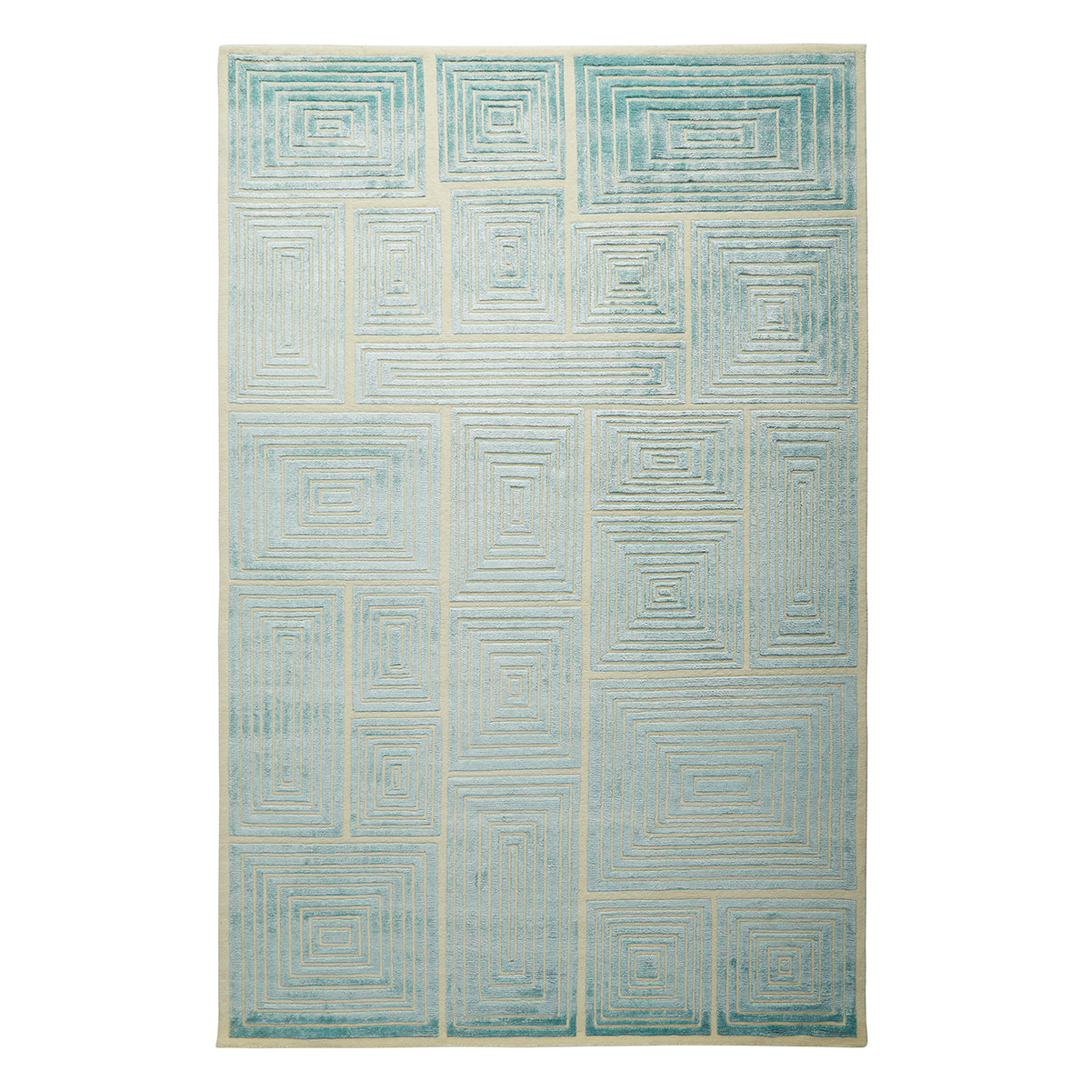 blocks hand-knotted rug wool blue - front view