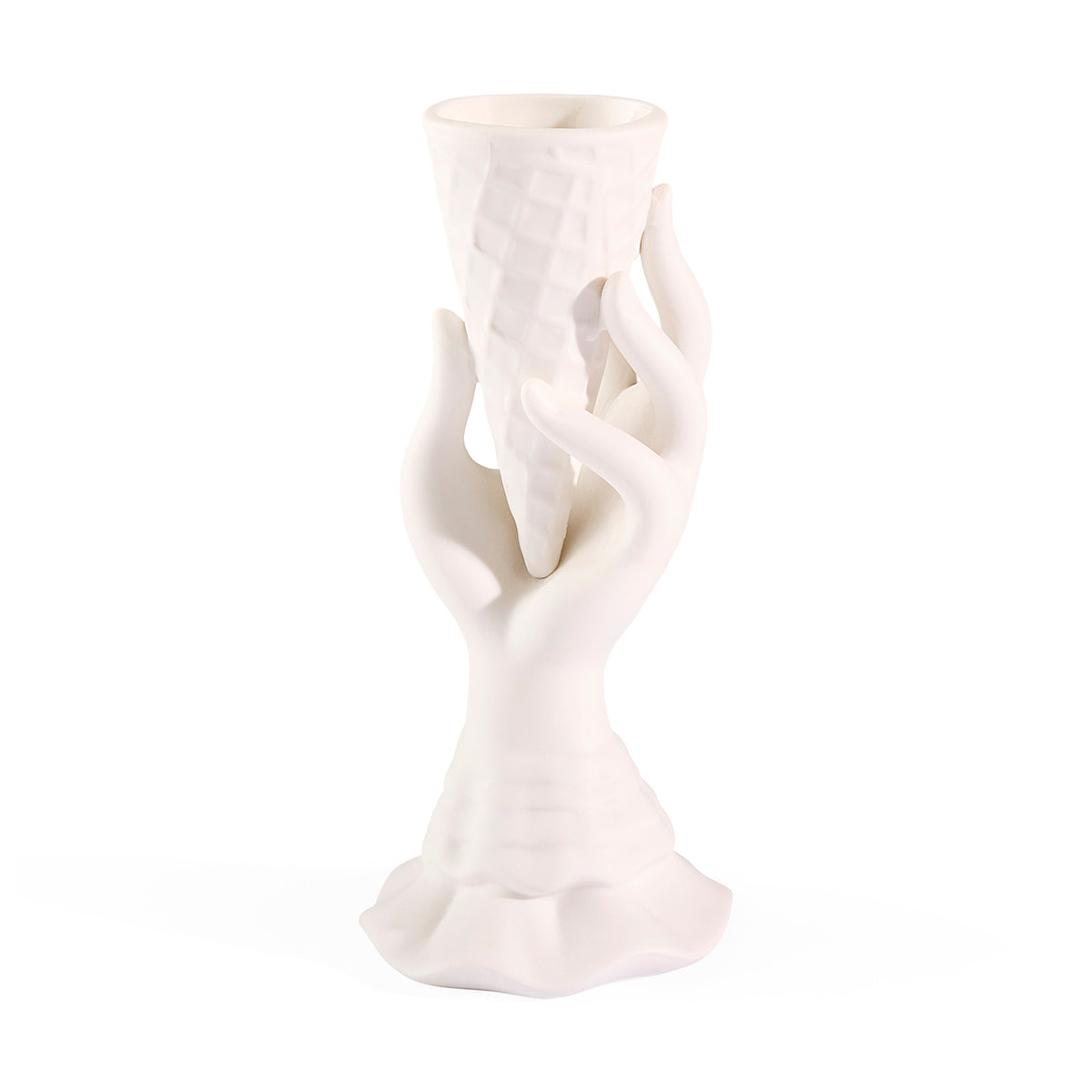 White ceramic vase with abstract design on a white background