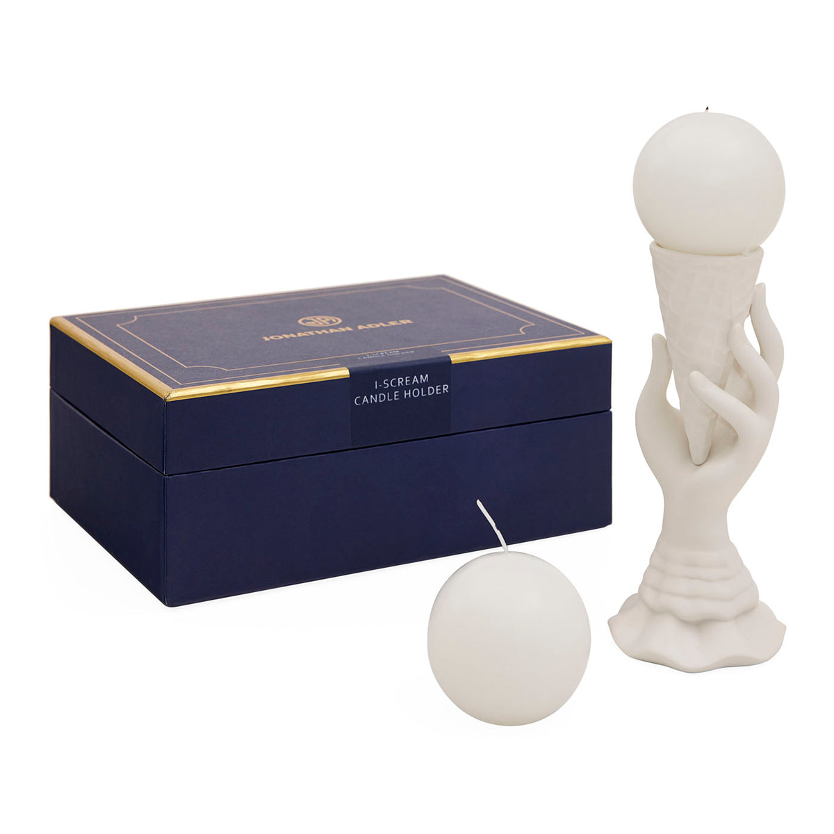 Candle holder and candles with a branded box on a white background