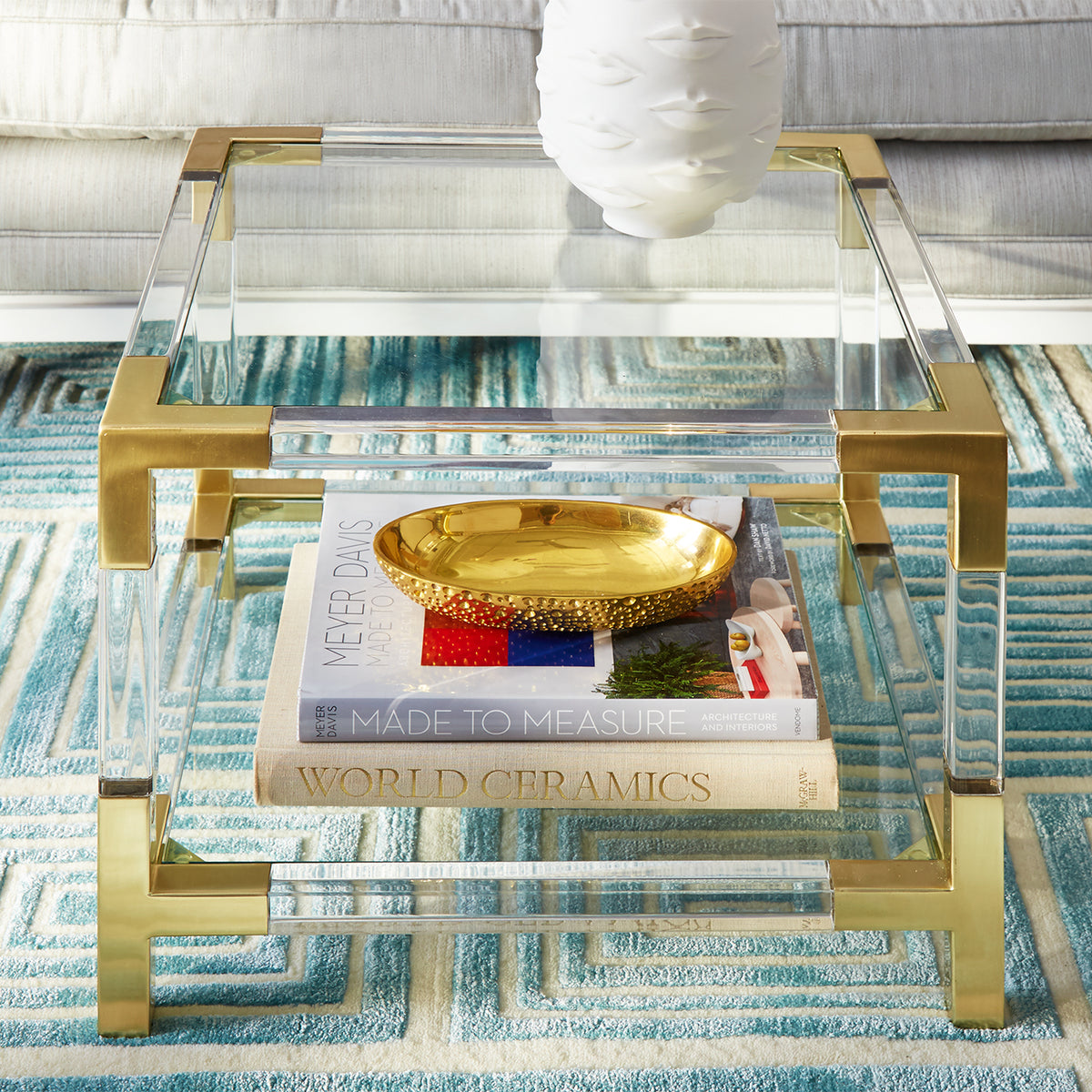 jacques two-tier accent table blocks hand-knotted rug living room - detail styled view 1