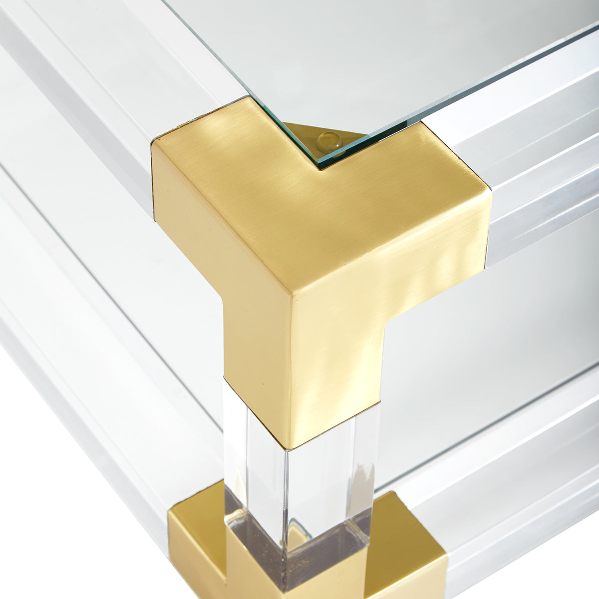jacques grand cocktail table glass top clear acrylic brass frame - detail view