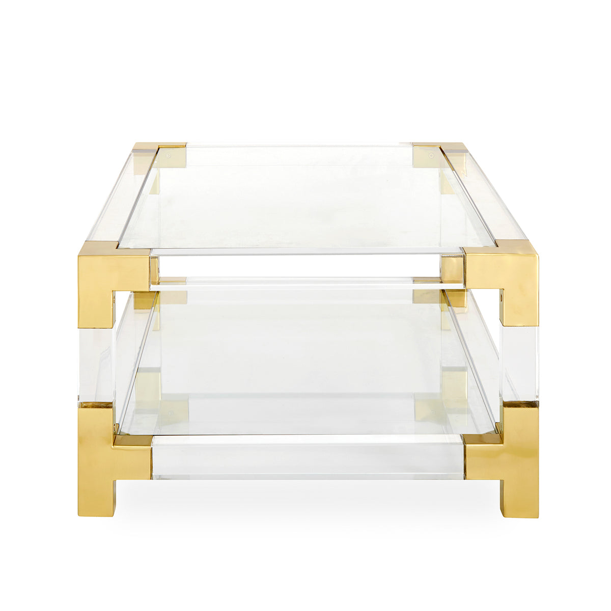 jacques grand cocktail table glass top clear acrylic brass frame - side view