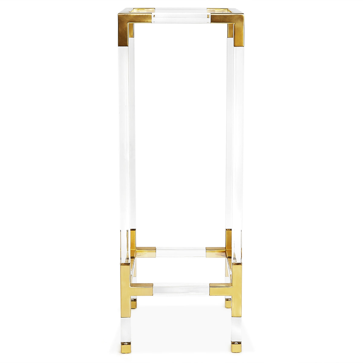 jacques pedestail glass shelves brass clear acrylic frame - front view