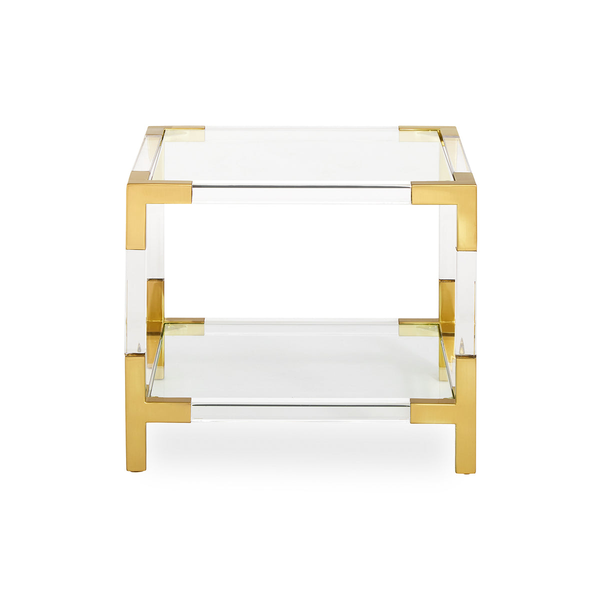 jacques two-tier accent table glass shelves brass clear acrylic frame - front view