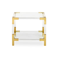 jacques two-tier accent table glass shelves brass clear acrylic frame - front view