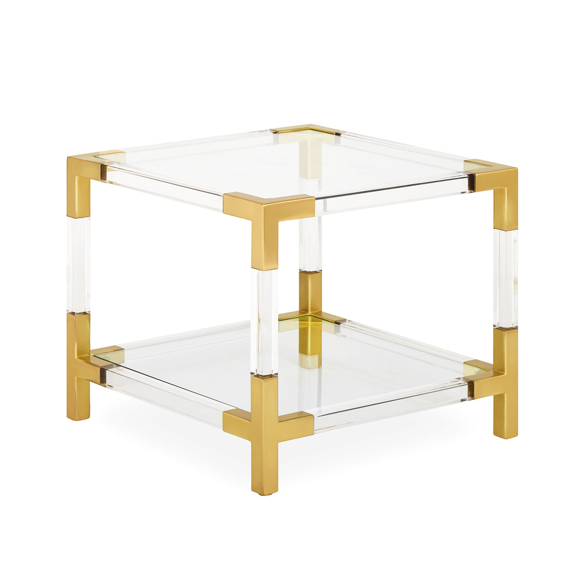 jacques two-tier accent table glass shelves brass clear acrylic frame - angle view
