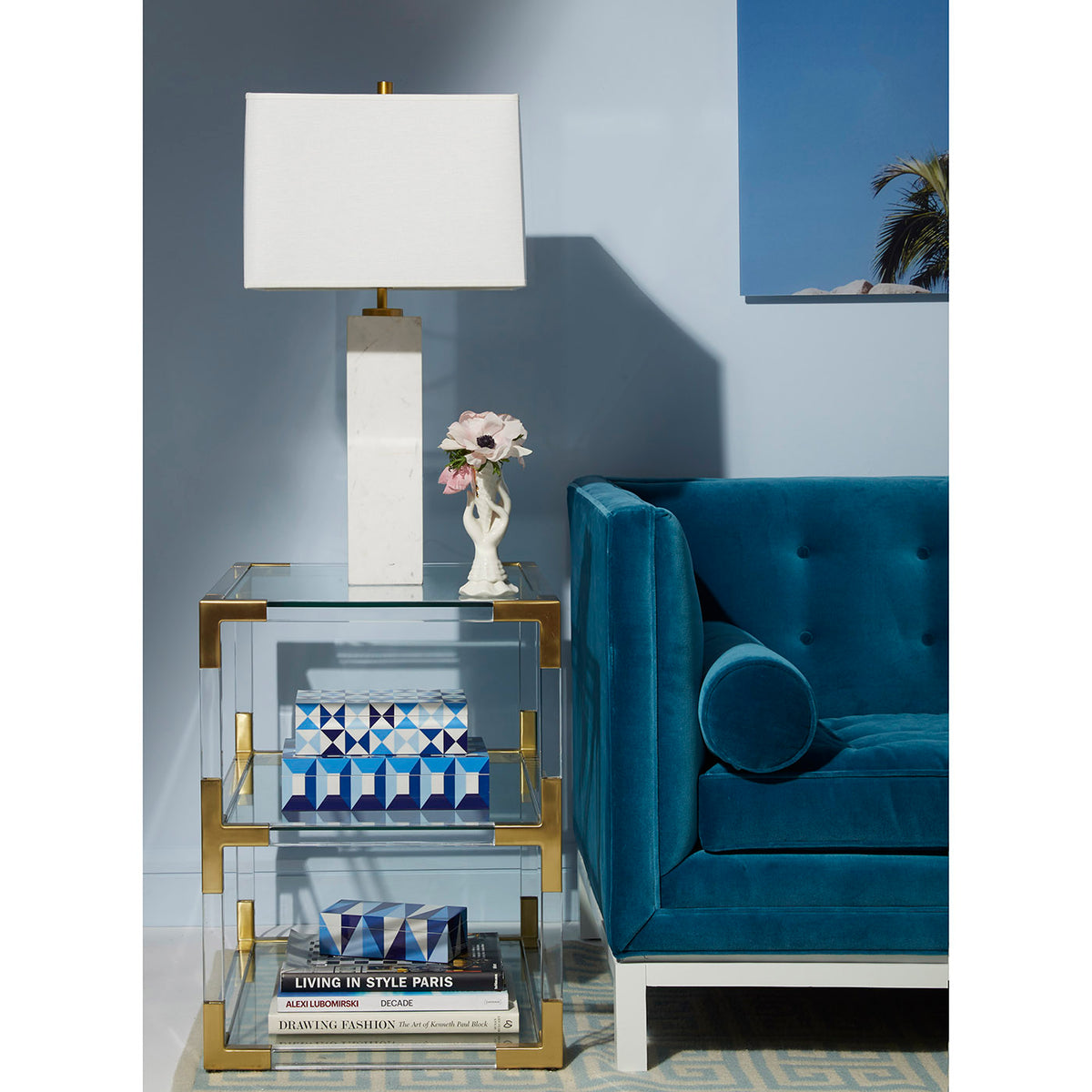 sorrento lacquer box collection jacques two-tier side table canaan marble table lamp - styled view