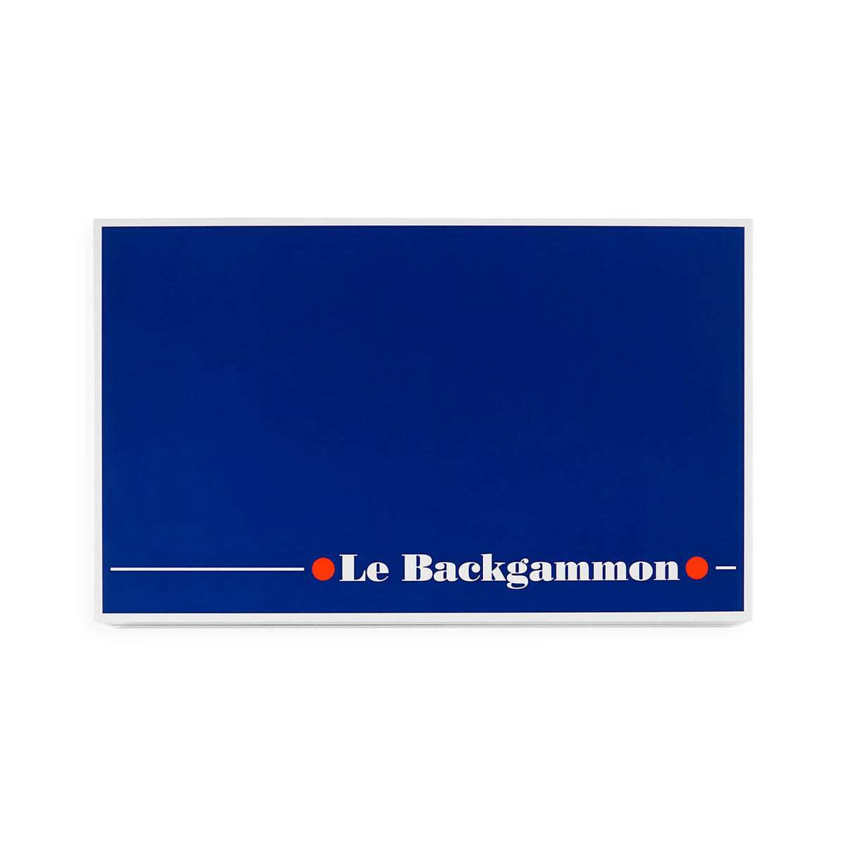 Blue backgammon board with 'Le Backgammon' branding on a white background