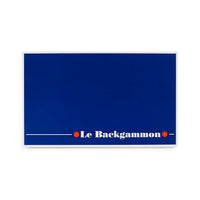 Blue backgammon board with 'Le Backgammon' branding on a white background