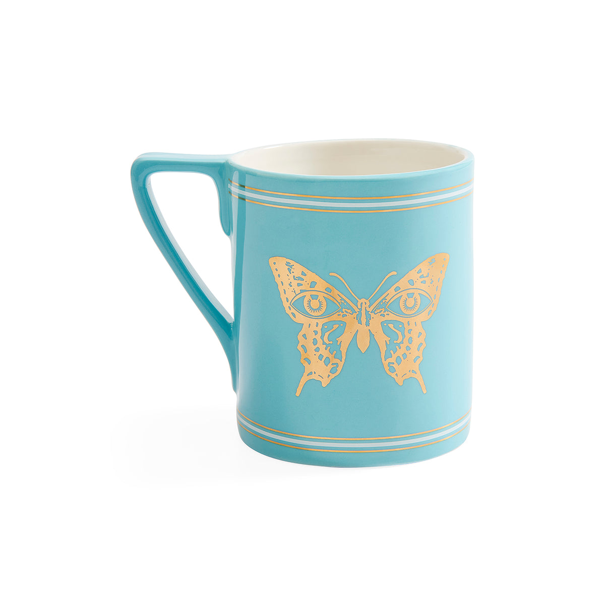 A light blue ceramic mug with a gold butterfly design and thin gold stripes, shown on a plain white background.