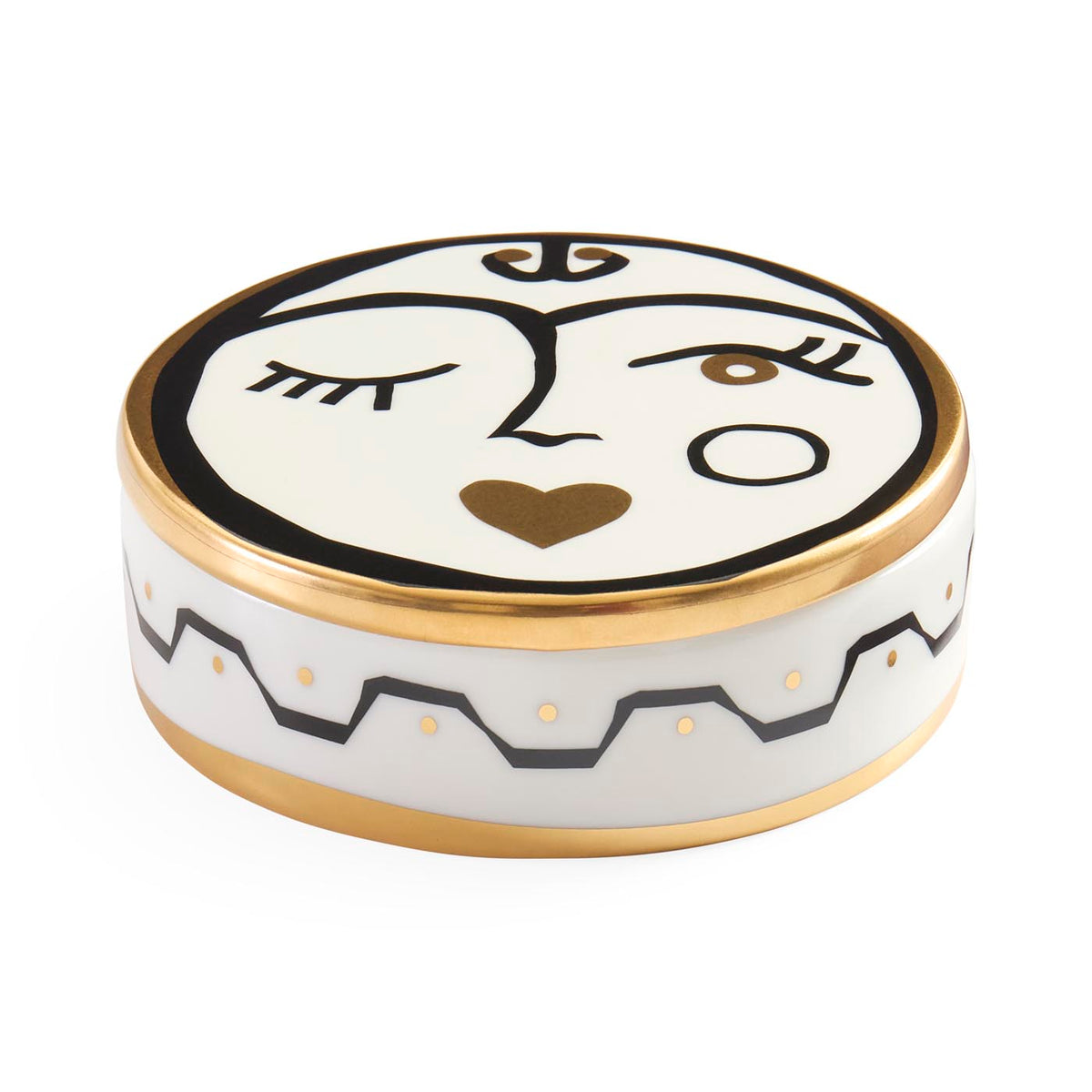 Marseilles Stash Box in gold and black with the gift box - front view