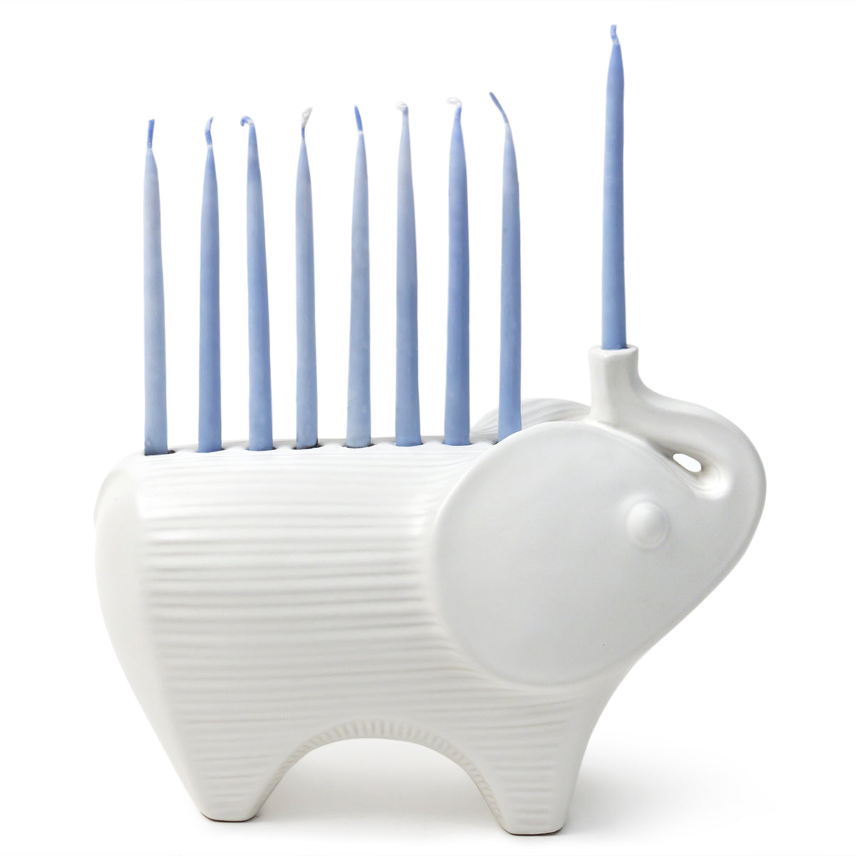 ceramic elephant menorah white with blue candles - front view