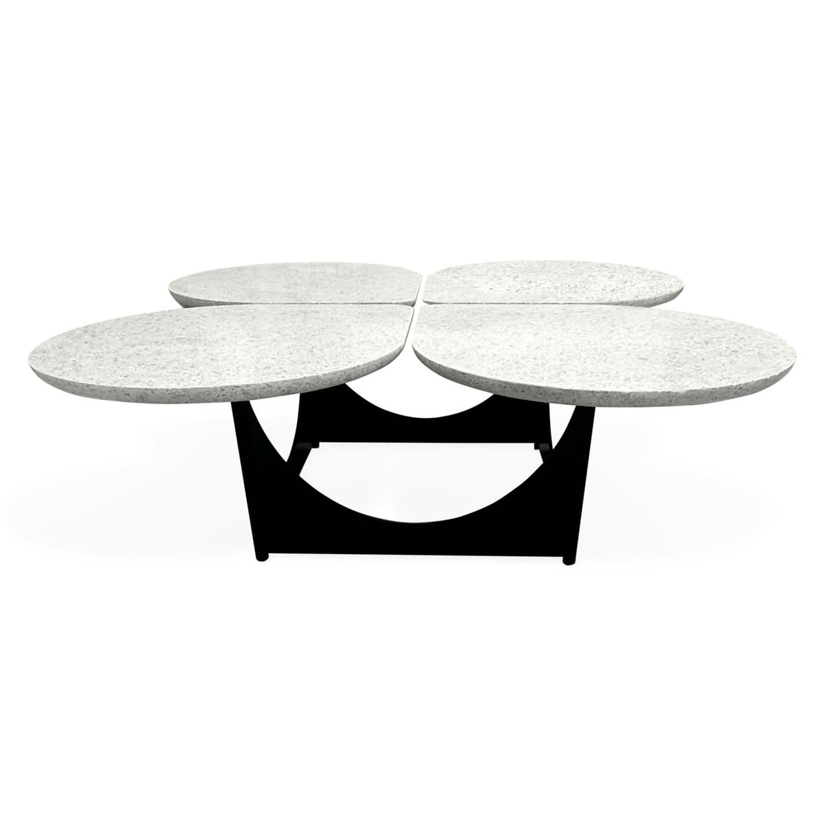 Modern coffee table with four round marble top sections on a white background