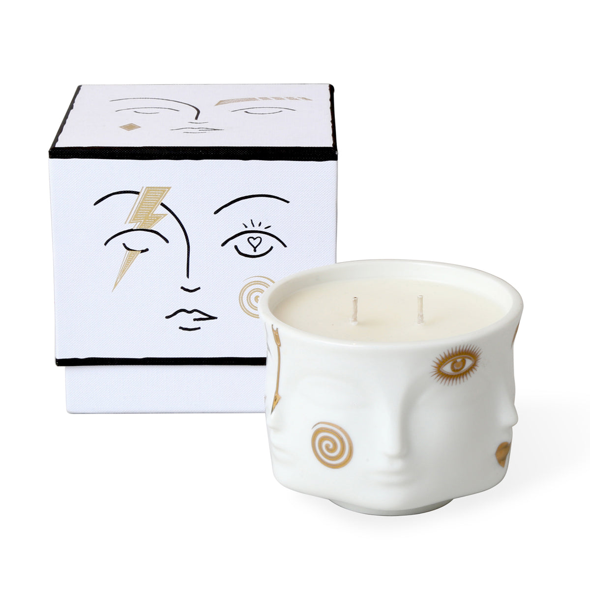 gilded muse candle porcelain white accents gold with box - front view