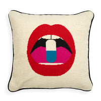 lips full dose needlepoint throw pillow wool red white blue - front view