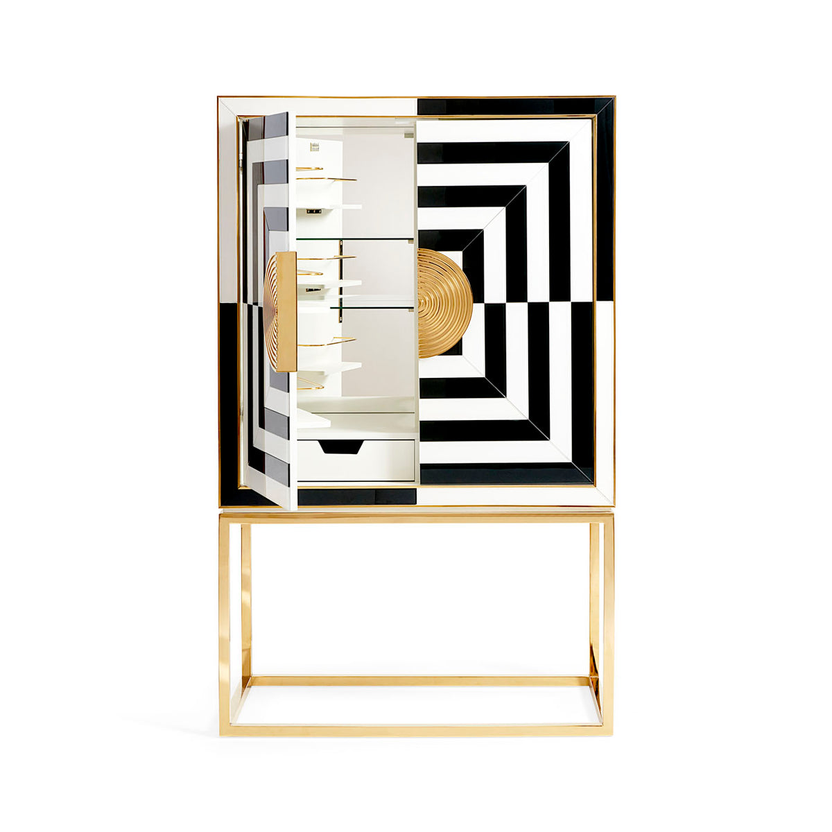 op art bar back-painted black and white glass brass frame and handles - open front view