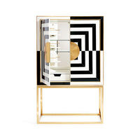 op art bar back-painted black and white glass brass frame and handles - open front view