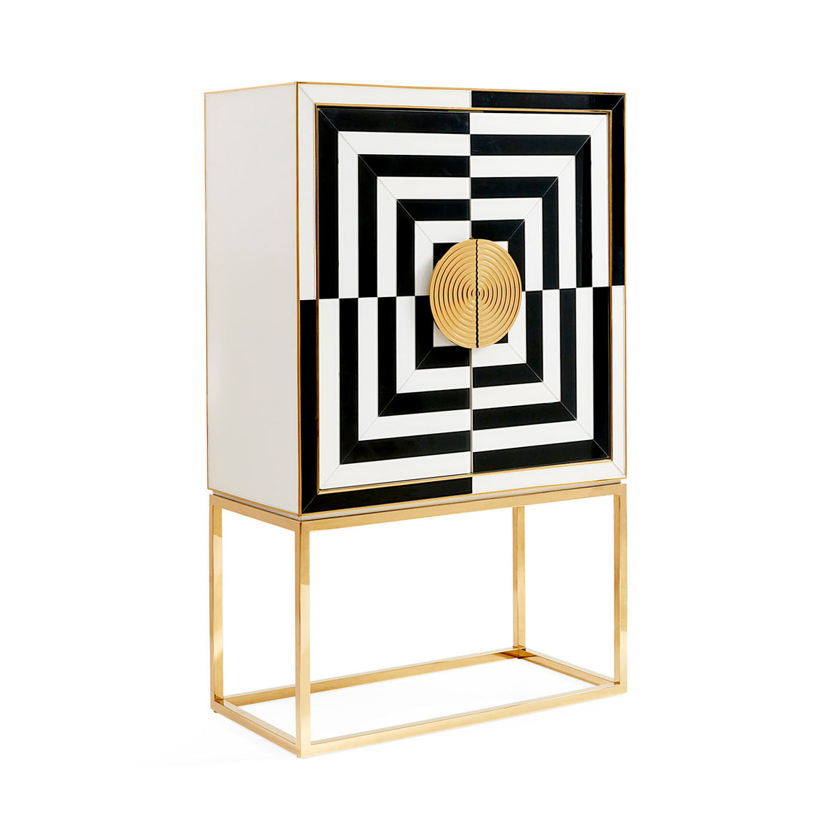 op art bar back-painted black and white glass brass frame and handles - angle view