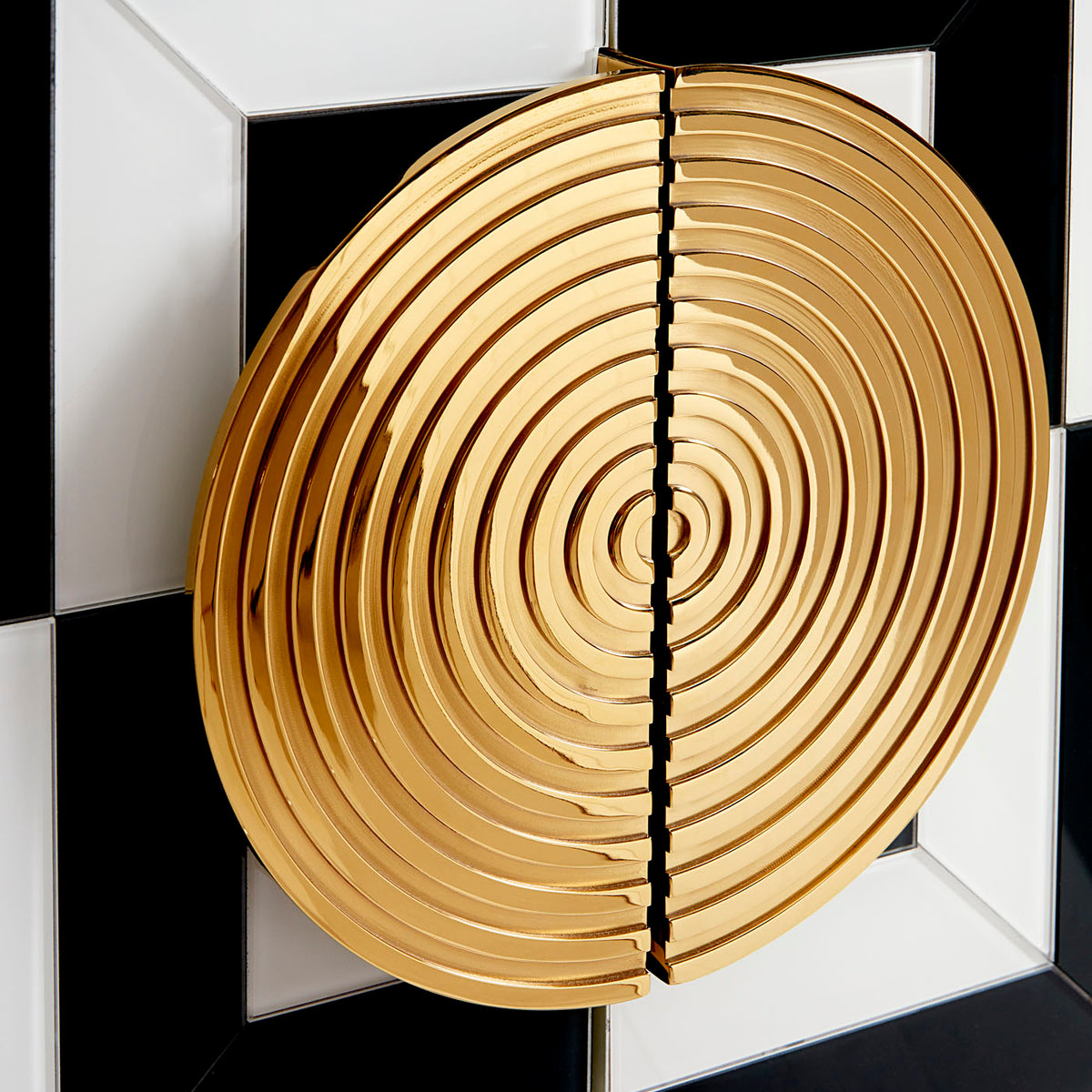 op art bar back-painted black and white glass brass frame and handles - detail view