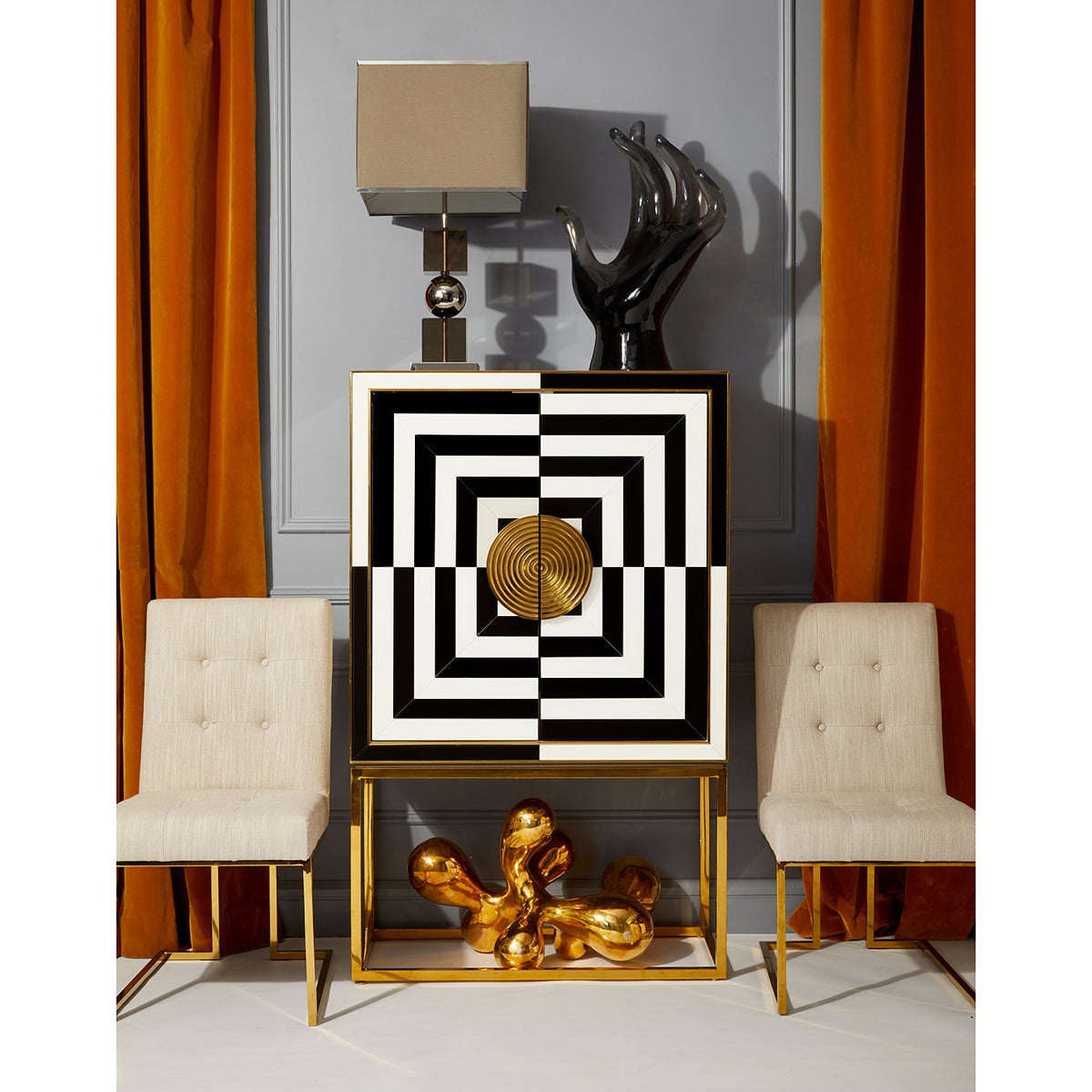 op art bar goldfinger dining chairs giant brass orb - styled view