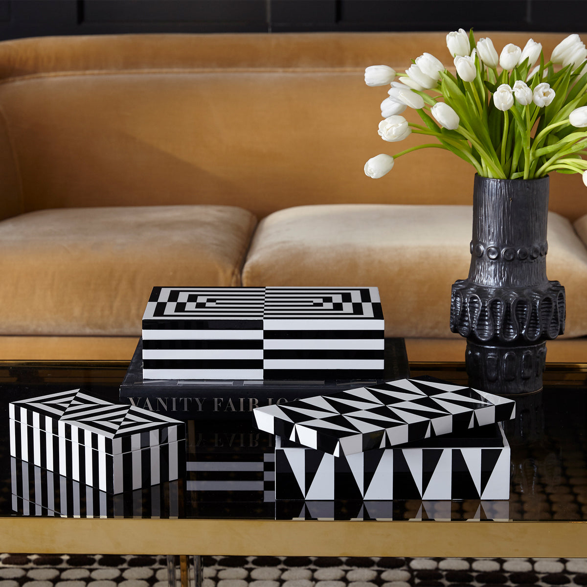 op art lacquer box collection stacked - styled view