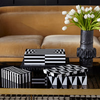 op art lacquer box collection stacked - styled view