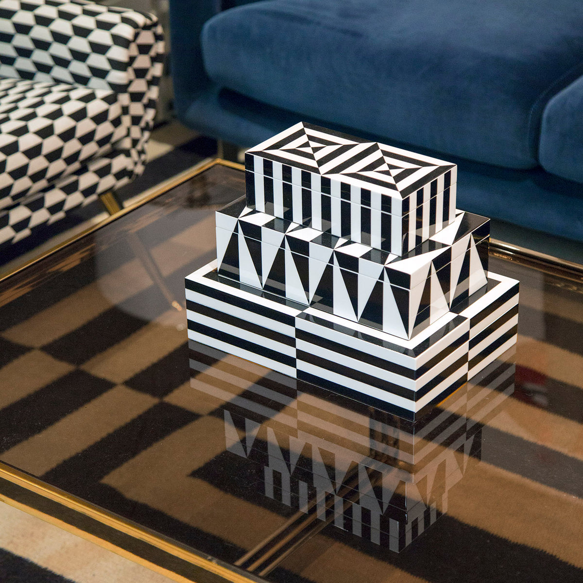 op art lacquer box collection stacked - styled view