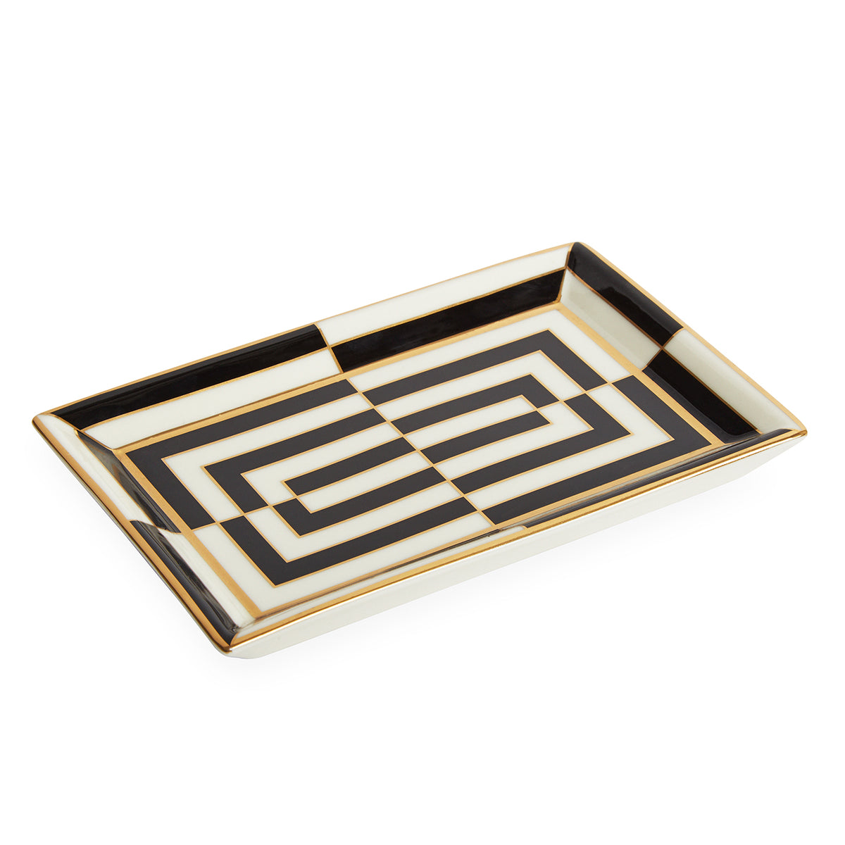 op art rectangle tray porcelain black white accents gold - angle view