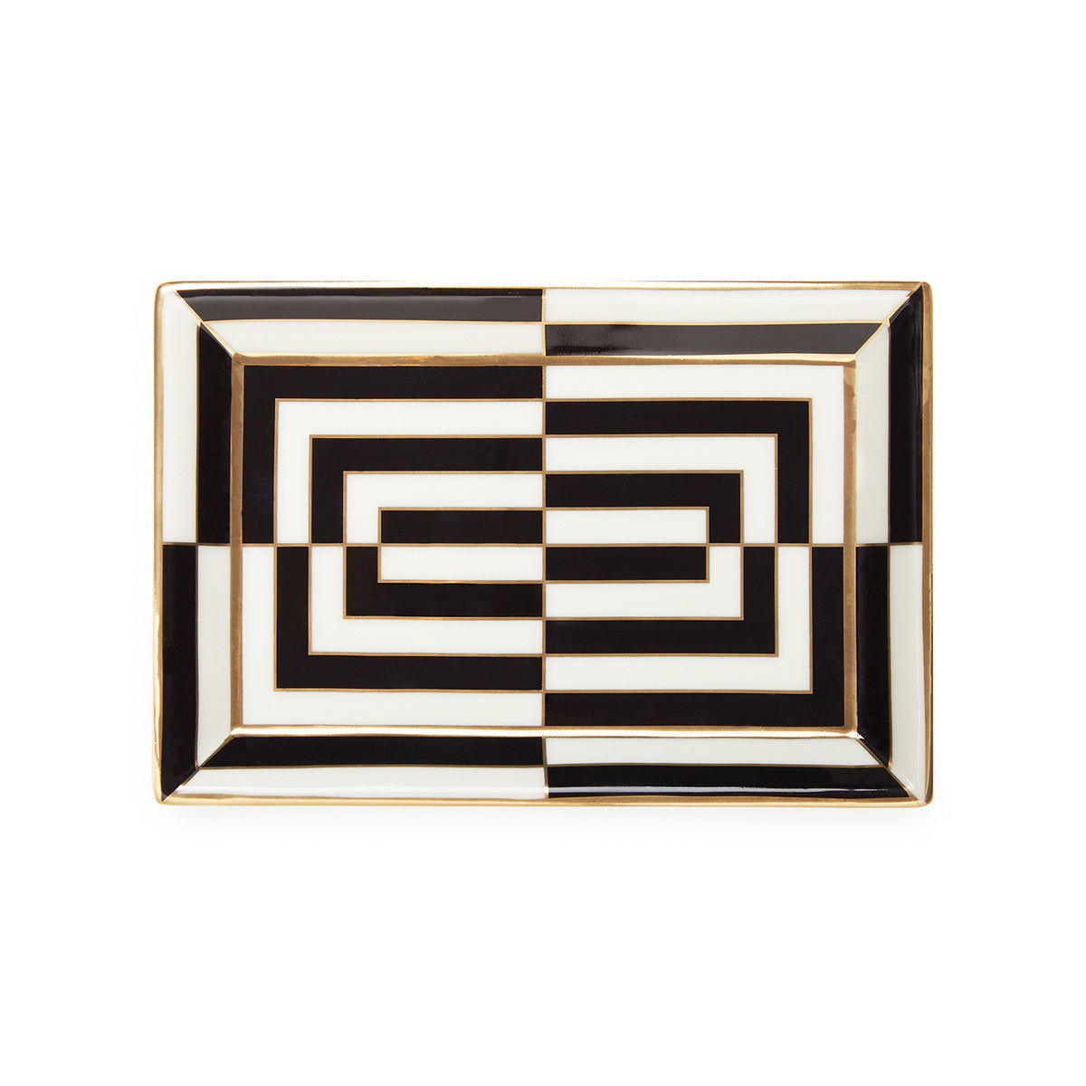 op art rectangle tray porcelain black white accents gold - top view