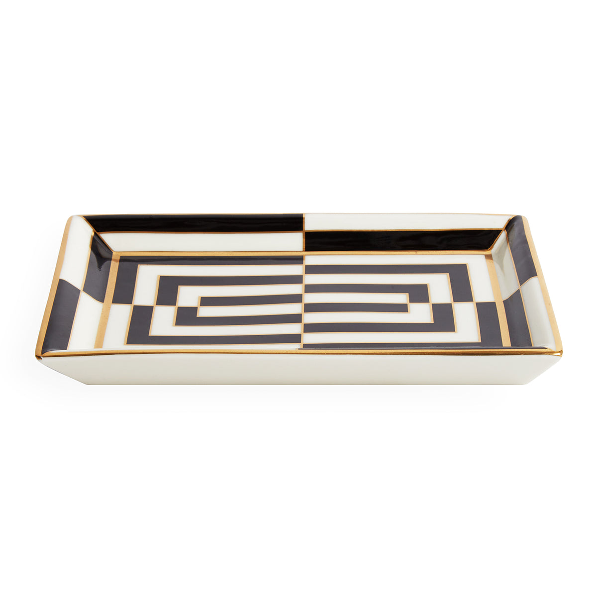 op art rectangle tray porcelain black white accents gold - front view
