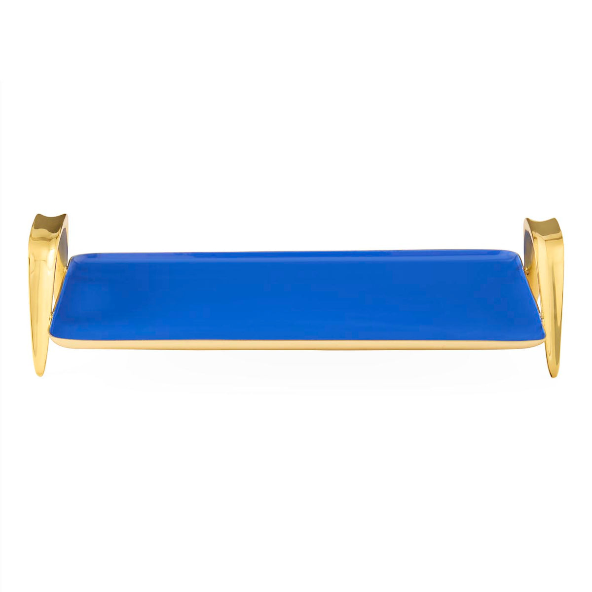 Blue tray with gold handles on a white background