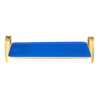 Blue tray with gold handles on a white background