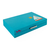 Blue box with sailboat and wave design on a white background