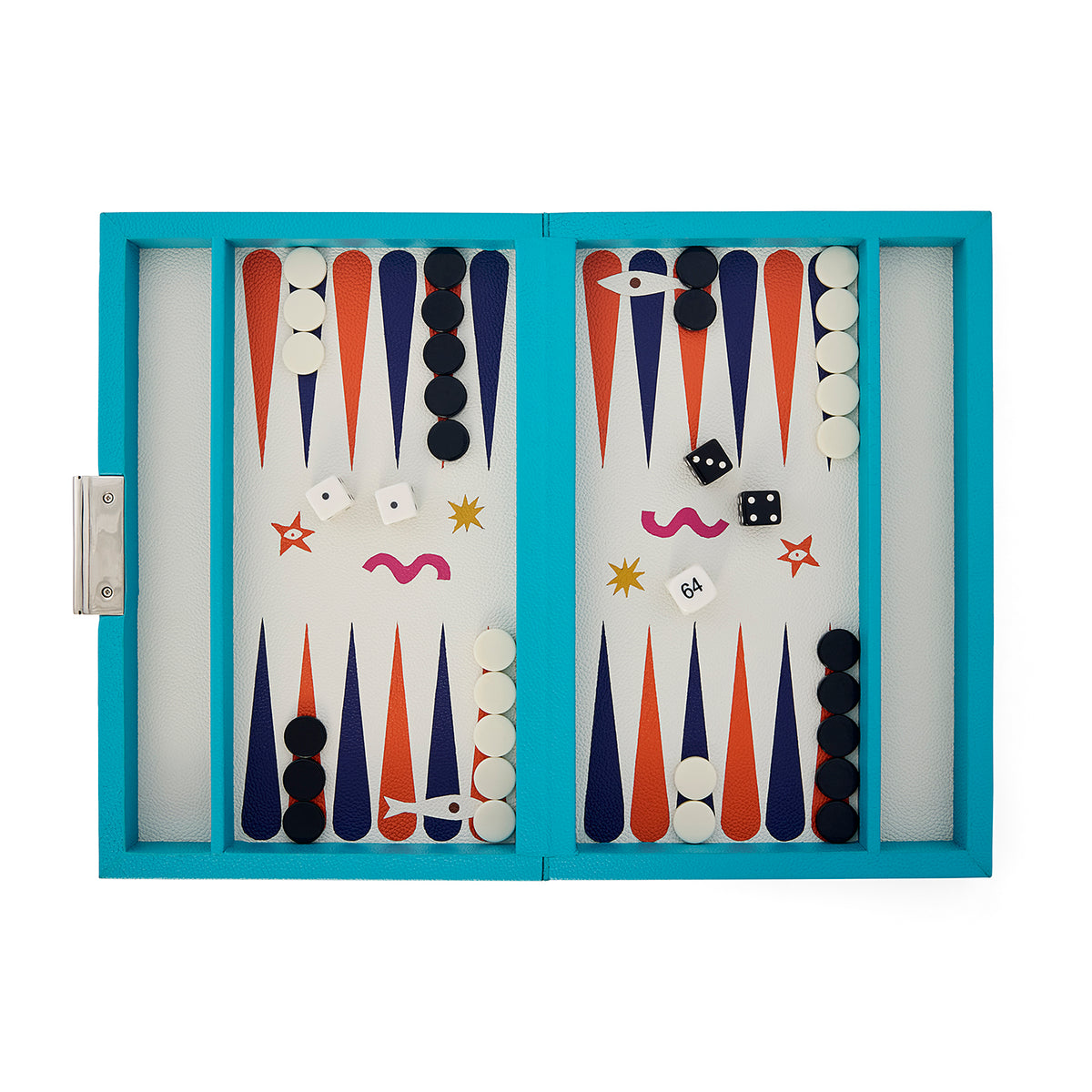 Backgammon set with colorful pieces and a blue frame on a white background