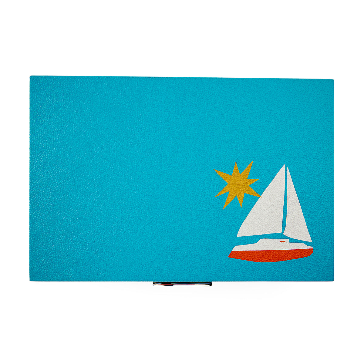 Blue cardholder with a sailboat and sun design on a white background