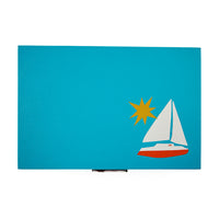 Blue cardholder with a sailboat and sun design on a white background