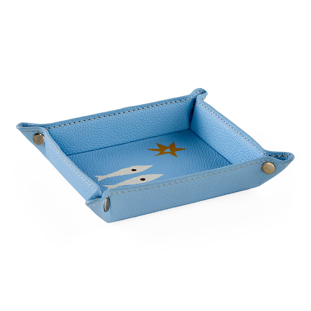 Blue leather tray with starfish design on a white background