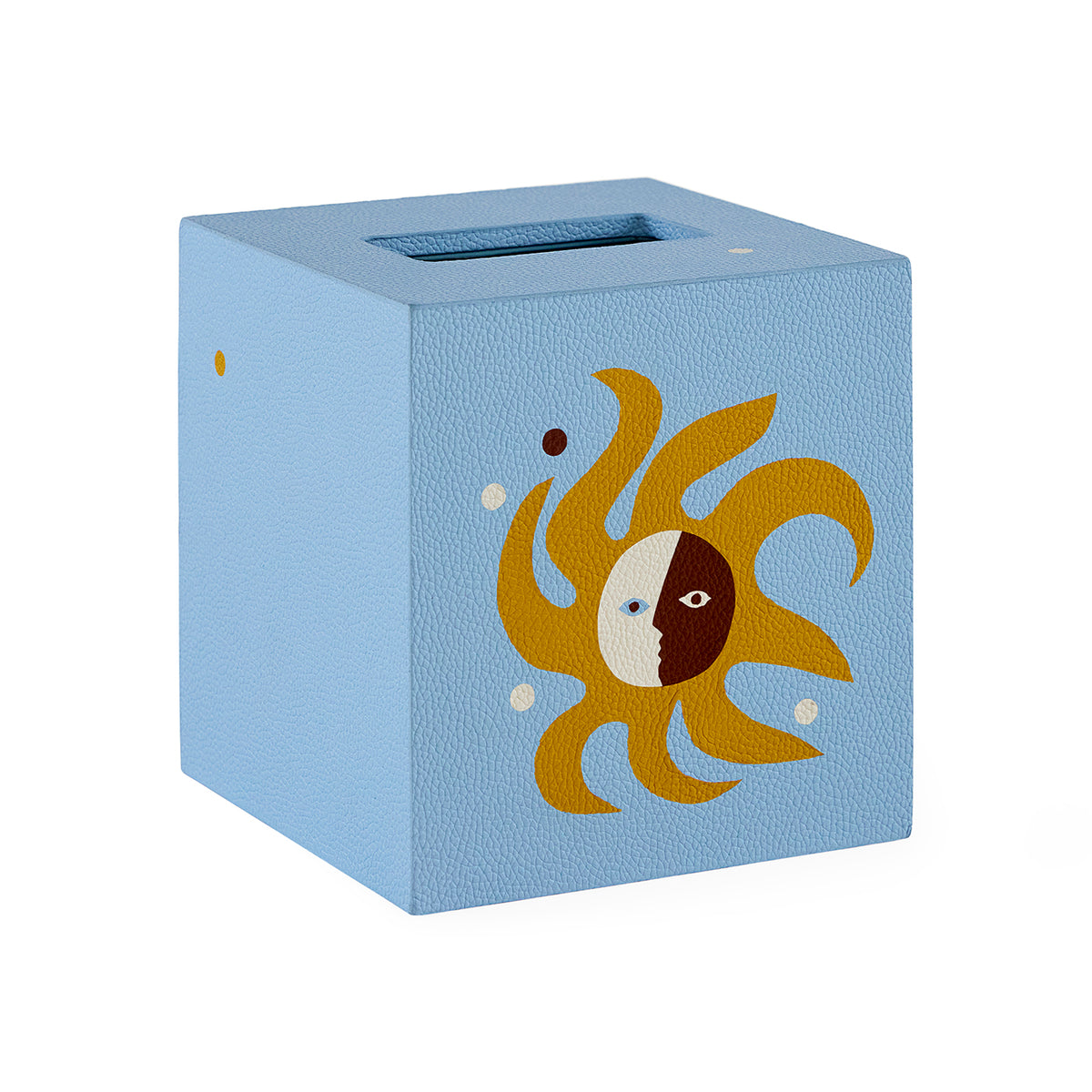 Blue textured tissue box cover with sun design on a white background