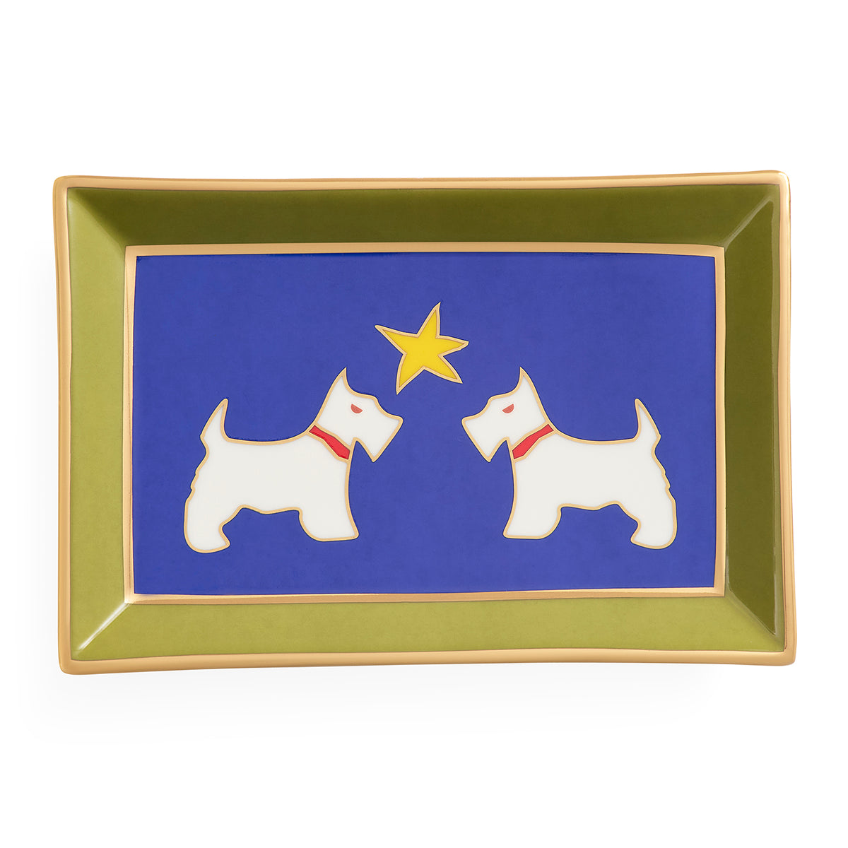 A rectangular ceramic serving tray with a gold-toned rim, featuring a blue center panel decorated with two white Scottie dogs facing each other under a yellow star.