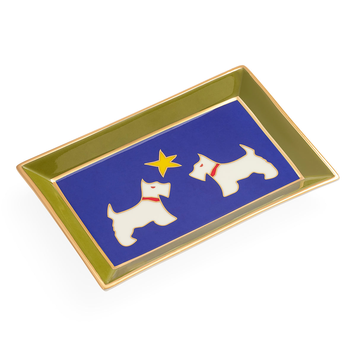 A rectangular ceramic tray with a glossy olive green rim and a blue center featuring two white Scottie dogs and a yellow star, shown on a white background.