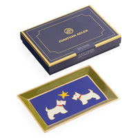Jonathan Adler decorative tray and matching gift box. The rectangular tray features a blue center with two white Scottie dogs and a gold star, bordered by olive green and gold.