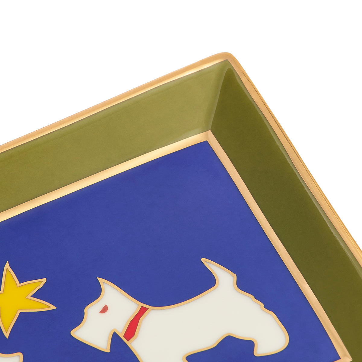 Close-up of a square decorative tray with a blue center panel featuring a white dog silhouette and a yellow star, surrounded by an olive green border and a gold rim.