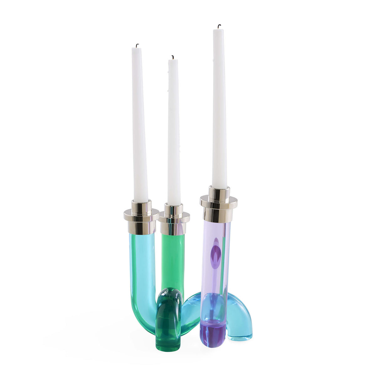 Colorful glass candle holders with silver bases on a white background