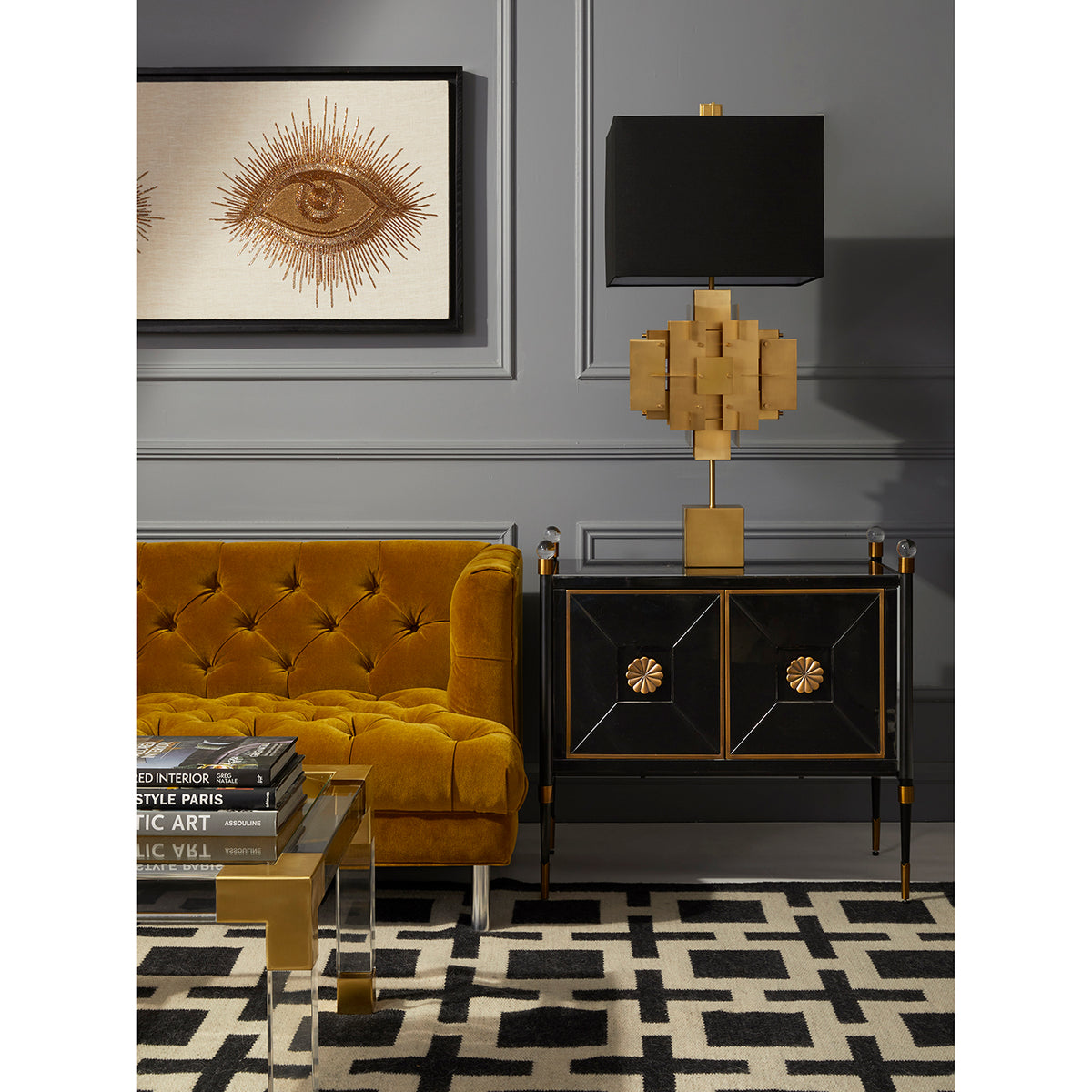 eyes beaded wall art baxter t-arm sofa - styled view