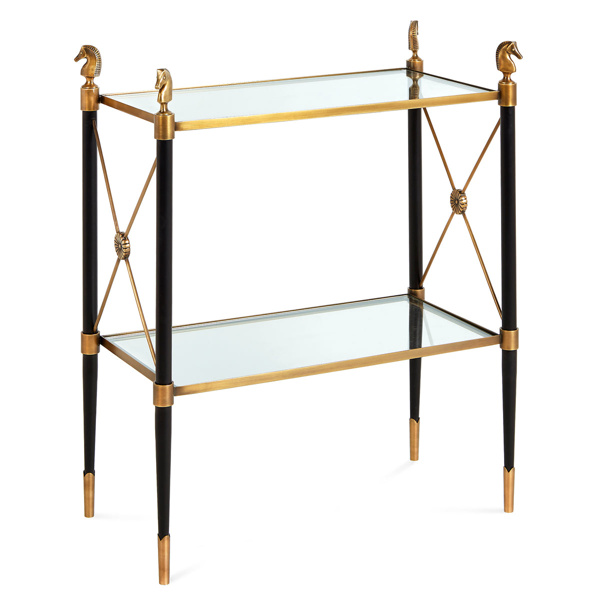 rider two-tier side table glass shelves black brass frame horse finials - angle view