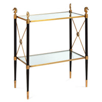 rider two-tier side table glass shelves black brass frame horse finials - angle view