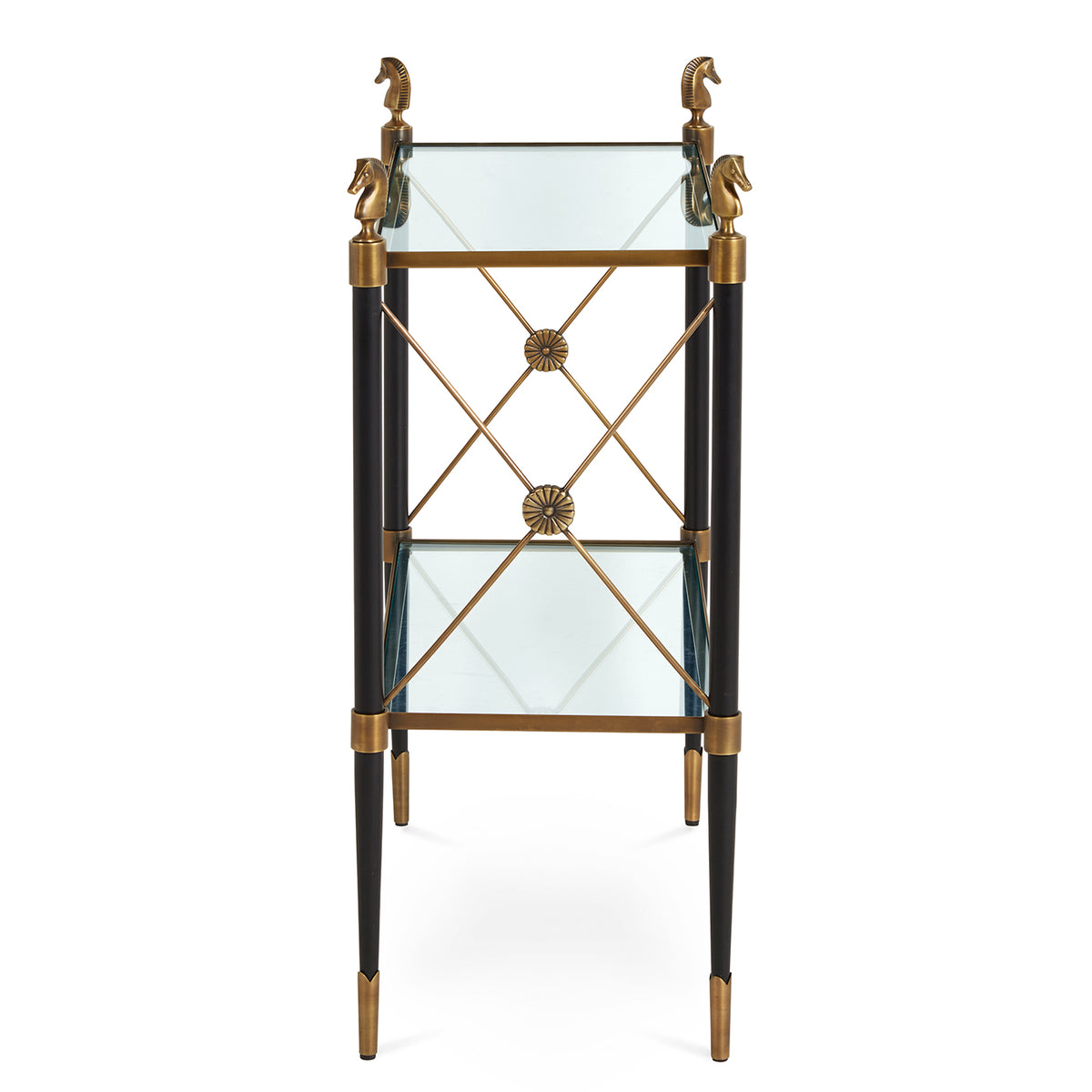 rider two-tier side table glass shelves black brass frame horse finials - side view