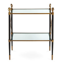 rider two-tier side table glass shelves black brass frame horse finials - front view