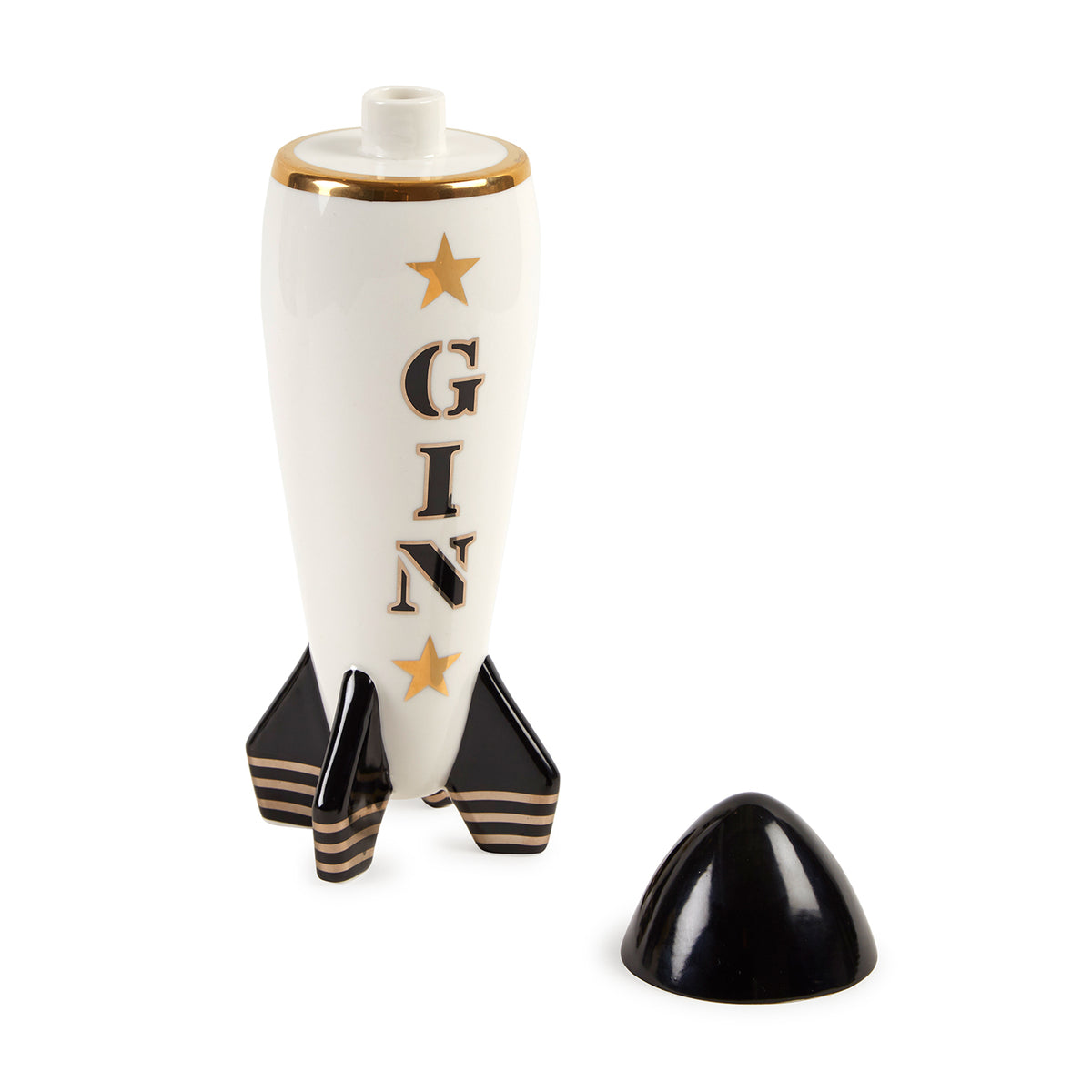 gin rocket decanter porcelain white black gold open - angle view