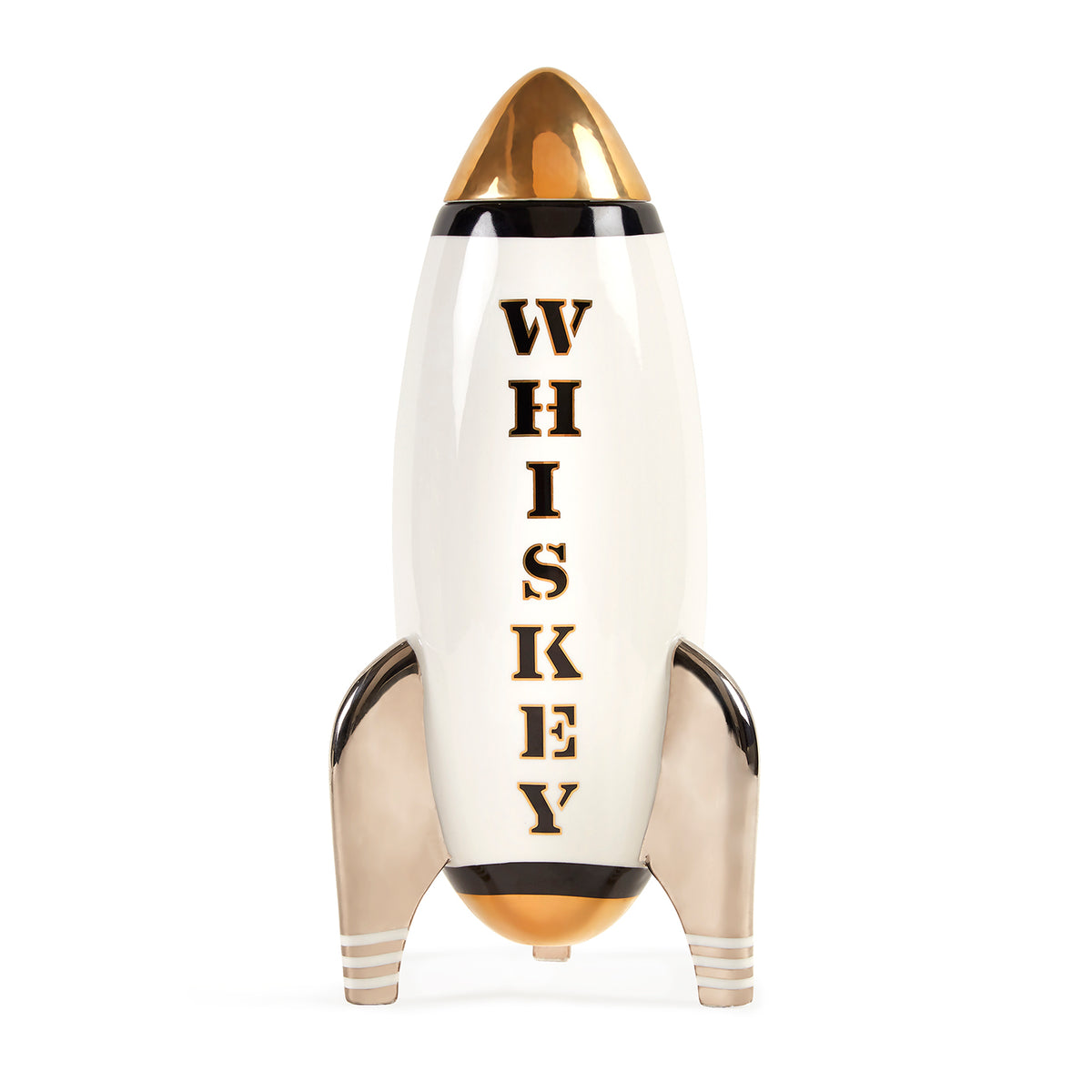 whiskey rocket decanter porcelain white black gold - front view